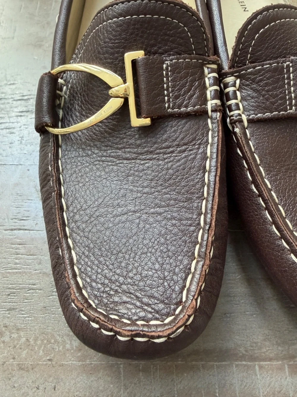 Ann Klein Davis Brown, Leather Loafers with Gold Buckle.